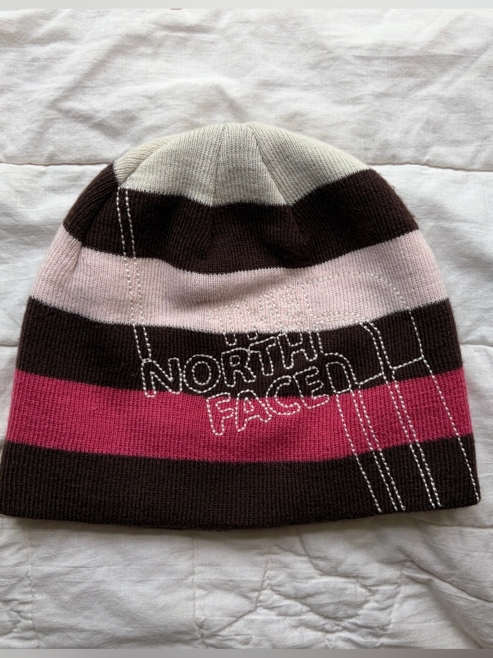 The North Face Striped Knit Beanie Pink Brown Winter Hat